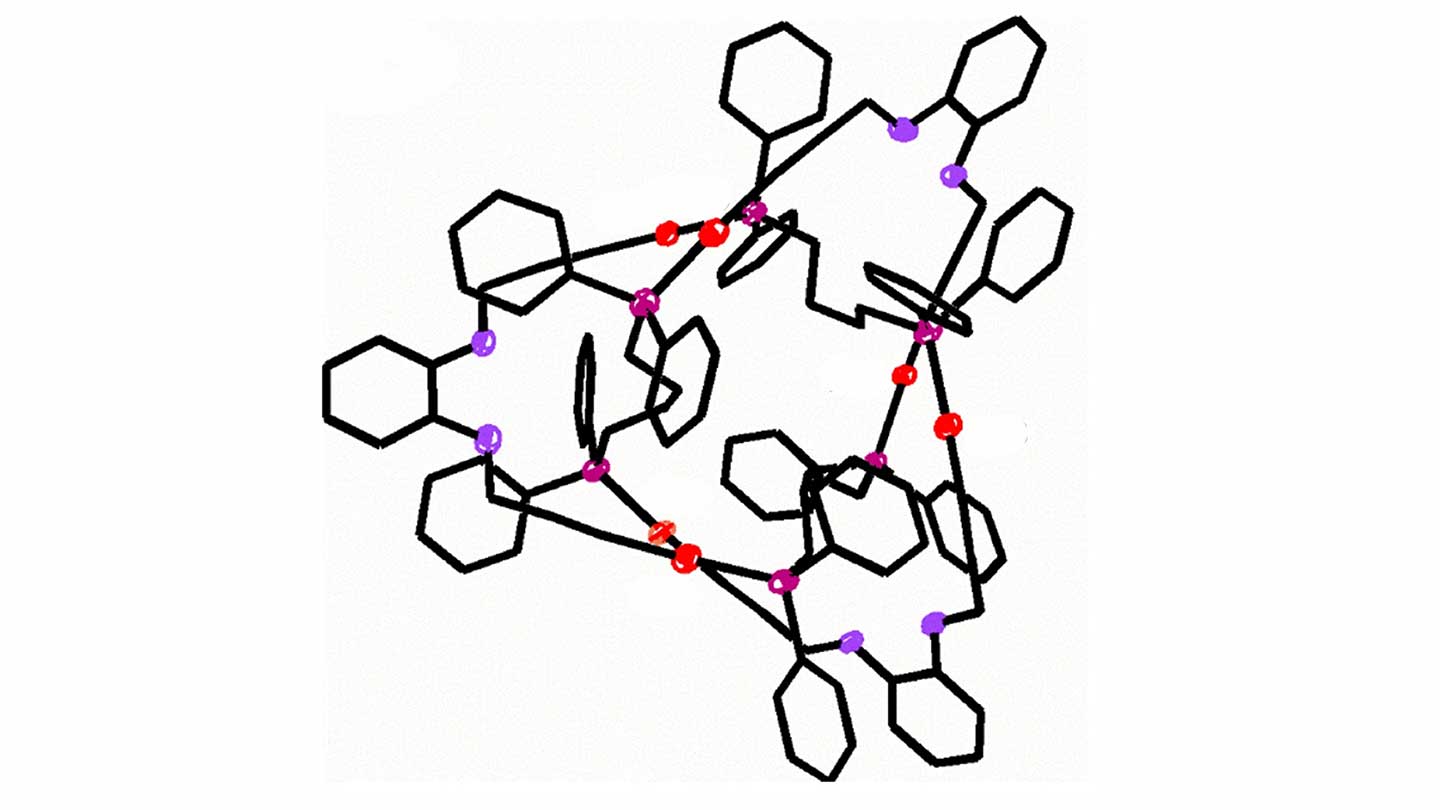 A simplified 2-D illustration of the smallest known molecular knot, a chain of 54 atoms of gold, phosphorus, oxygen and carbon crossing three times to form a pretzel-like shape.