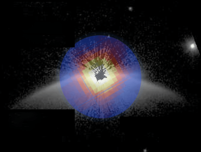 Concentric rings of yellow, red and blue pixels superimposed on an arc of white spots on a black background