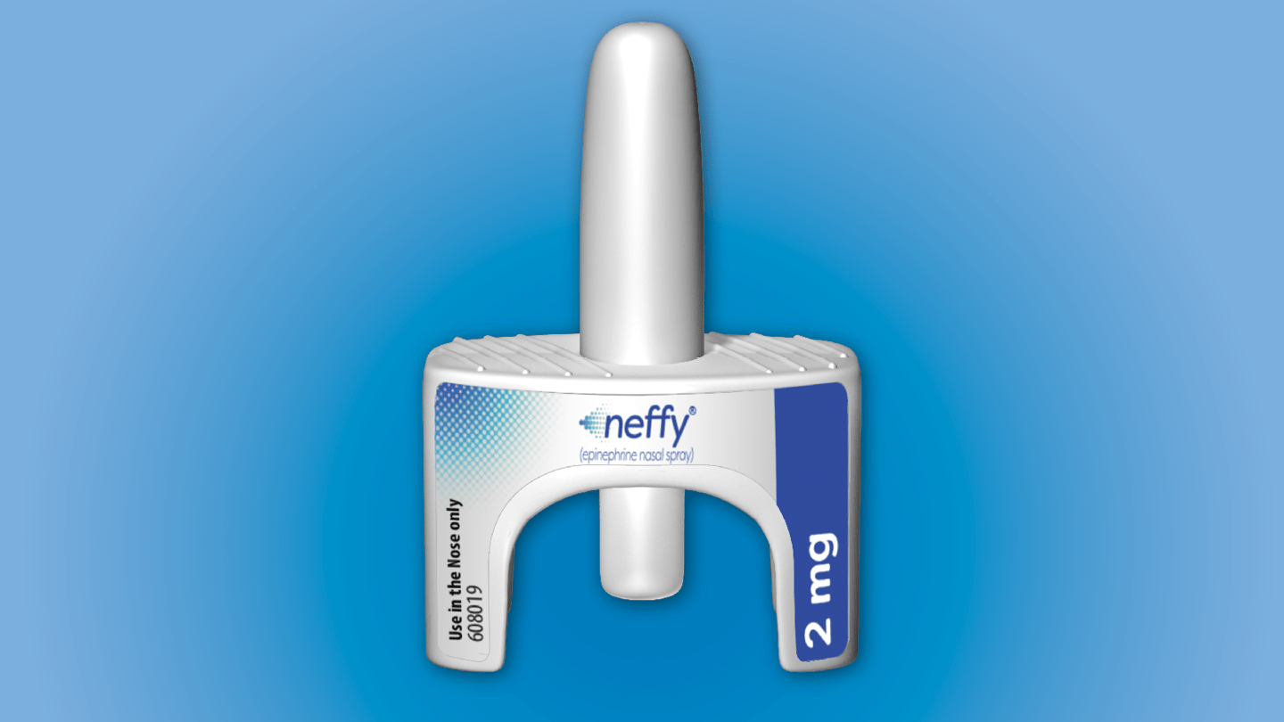 A photograph of an epinephrine nasal spray for the treatment of severe allergic reactions.